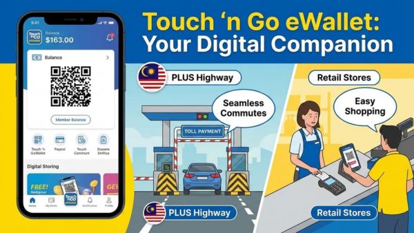 News card image representing Touch ‘n Go eWallet usage with QR and toll payment context for Malaysian commuters and shoppers.