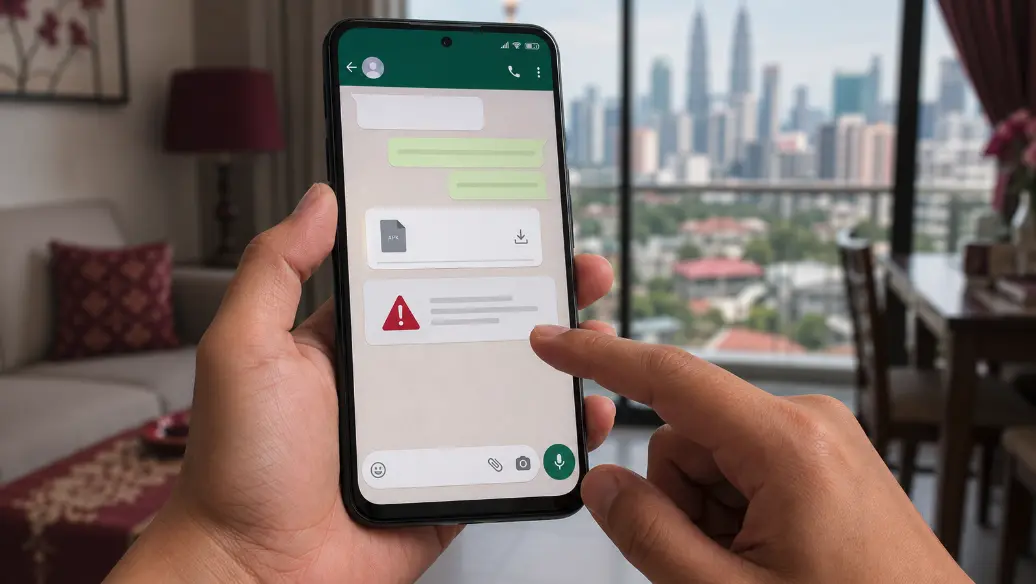 Android phone being checked before a gaming APK from WhatsApp is opened.