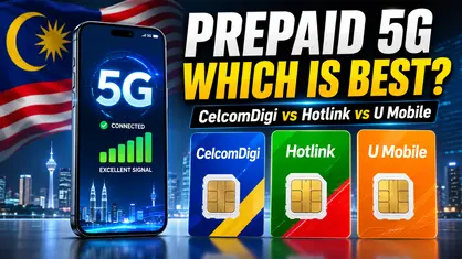 Three different colored prepaid mobile SIM cards lying next to a modern smartphone displaying a 5G logo on the screen