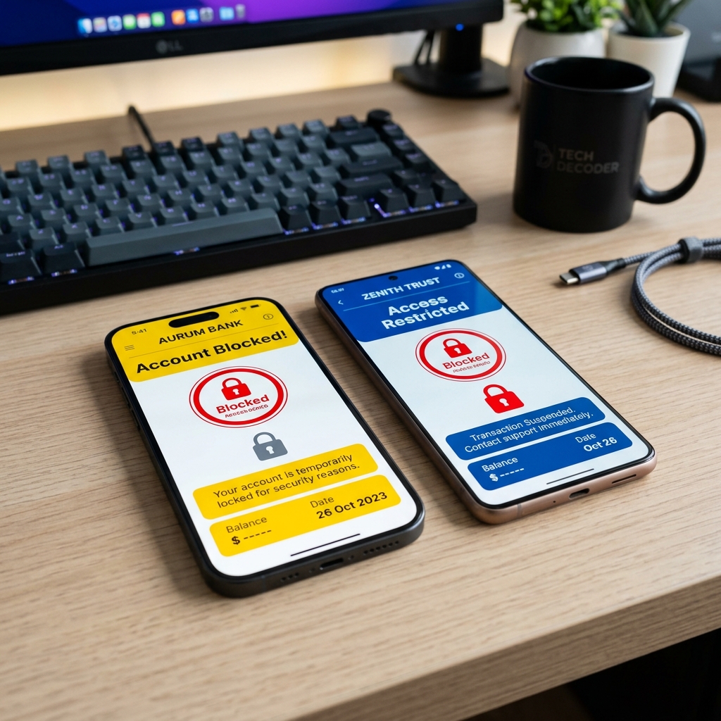 Two smartphones side by side showing a red account blocked security alert on a banking app