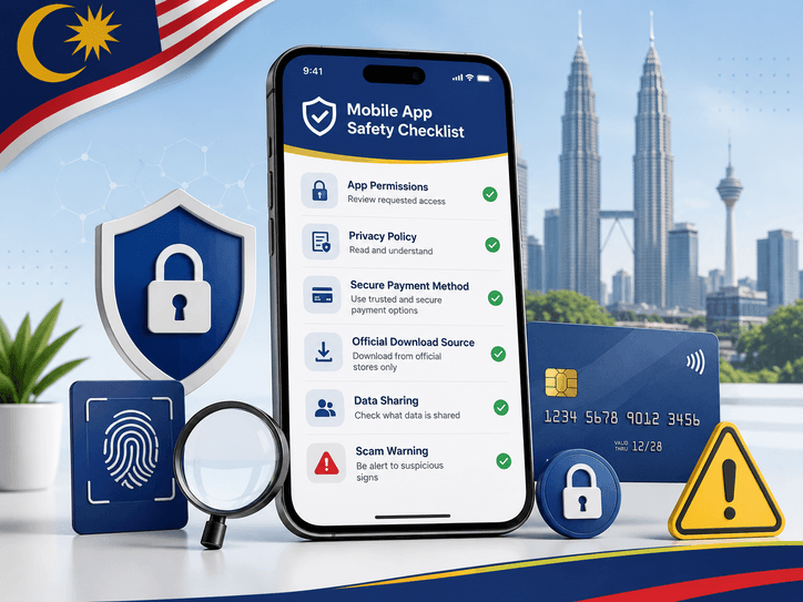 News card image representing mobile app safety checks and privacy-aware payment habits for Malaysian users.